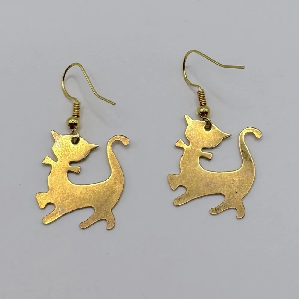 VINTAGE Gold-Tone Cat Dangle Earrings